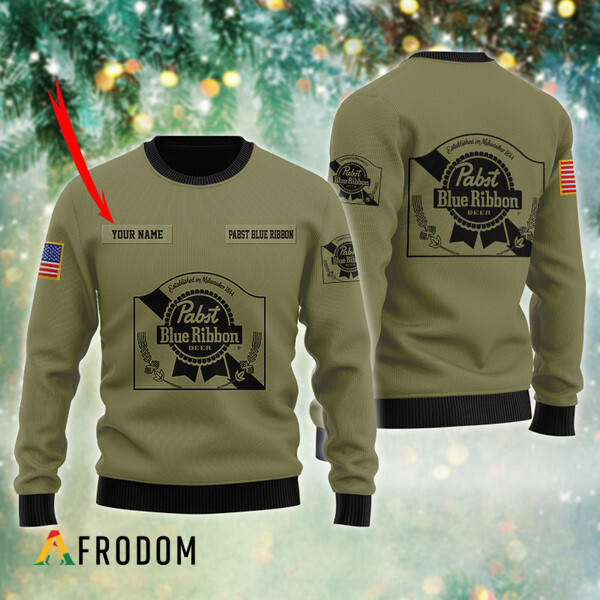Custom Pabst Blue Ribbon Flag Military Green Christmas Sweater HU