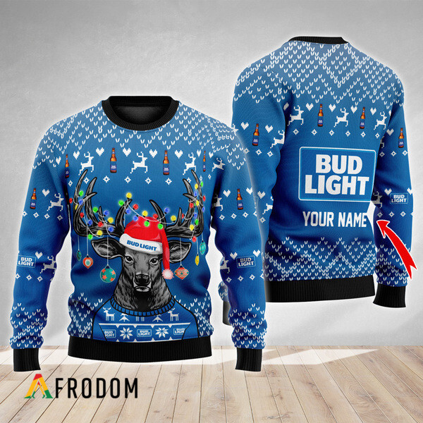 Custom Reindeer Bud Light Christmas Ugly Sweater HU Custom Reindeer Bud Light Christmas Ugly Sweater HU