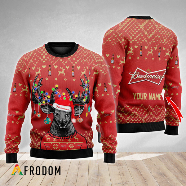 Custom Reindeer Budweiser Christmas Ugly Sweater HU