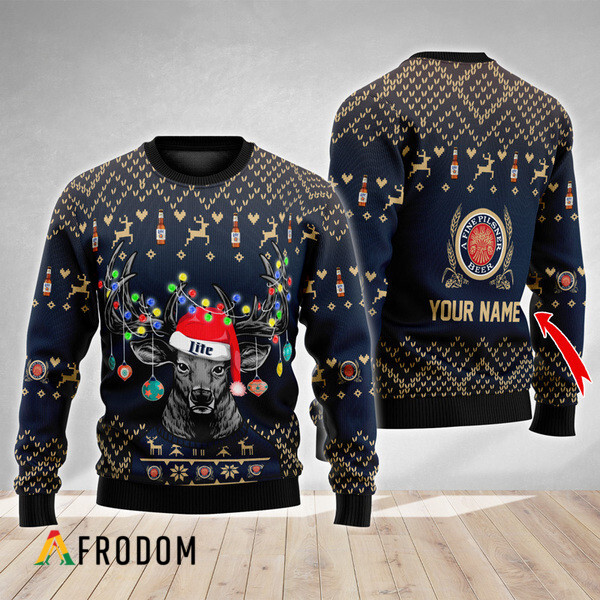 Custom Reindeer Miller Lite Christmas Ugly Sweater HU Custom Reindeer Miller Lite Christmas Ugly Sweater HU
