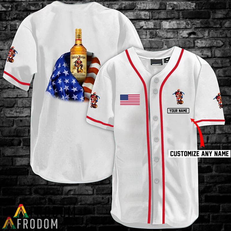 Custom Vintage White USA Flag Captain Morgan Jersey Shirt HU