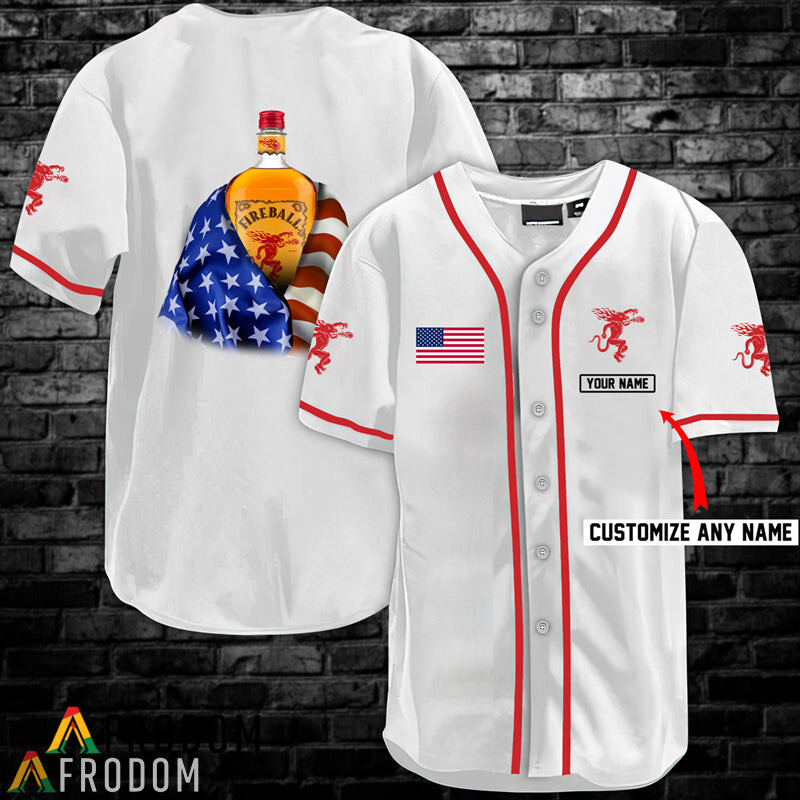 Custom Vintage White USA Flag Fireball Whisky Baseball Jersey Shirt HU