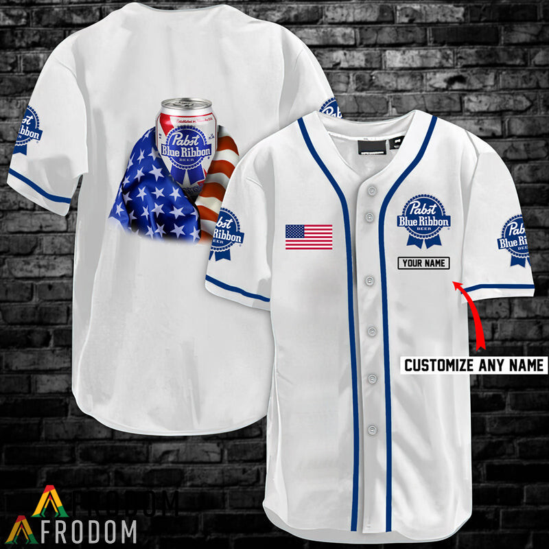 Custom Vintage White USA Flag Pabst Blue Ribbon Baseball Jersey Shirt PBR Baseball Jersey HU