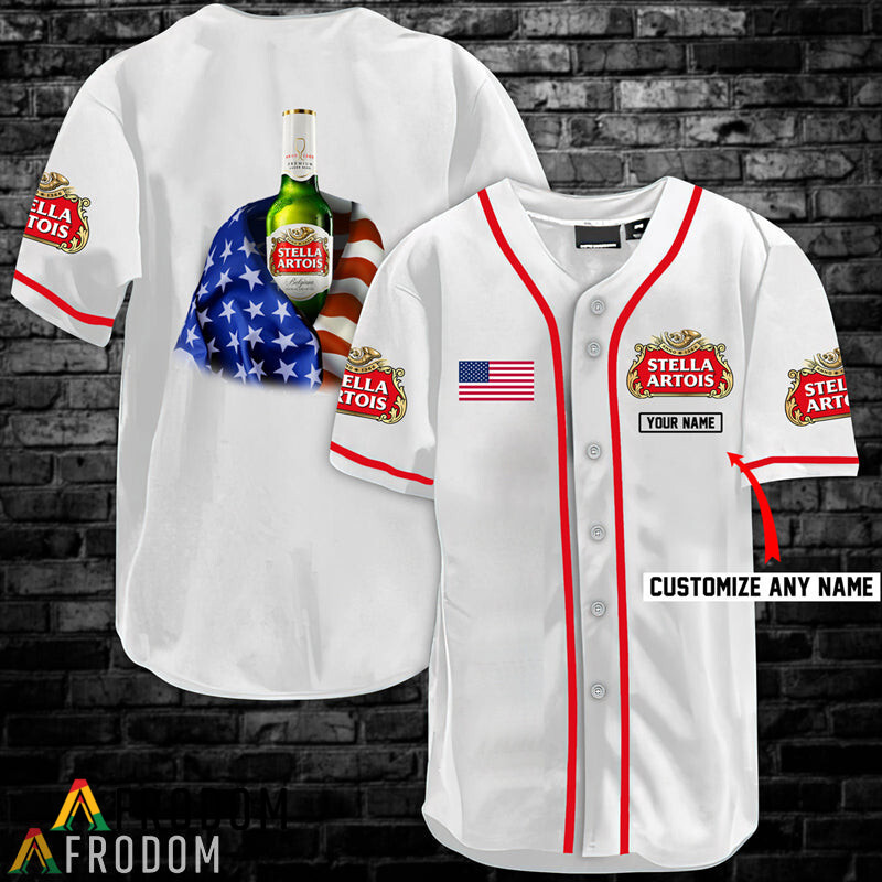 Custom Vintage White USA Flag Stella Artois Baseball Jersey Shirt HU