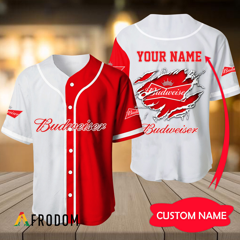 Custom White & Red Budweiser Baseball Jersey Shirt HU