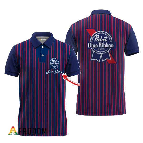 Customized Pabst Blue Ribbon Polo With Navy Stripe Pattern HU