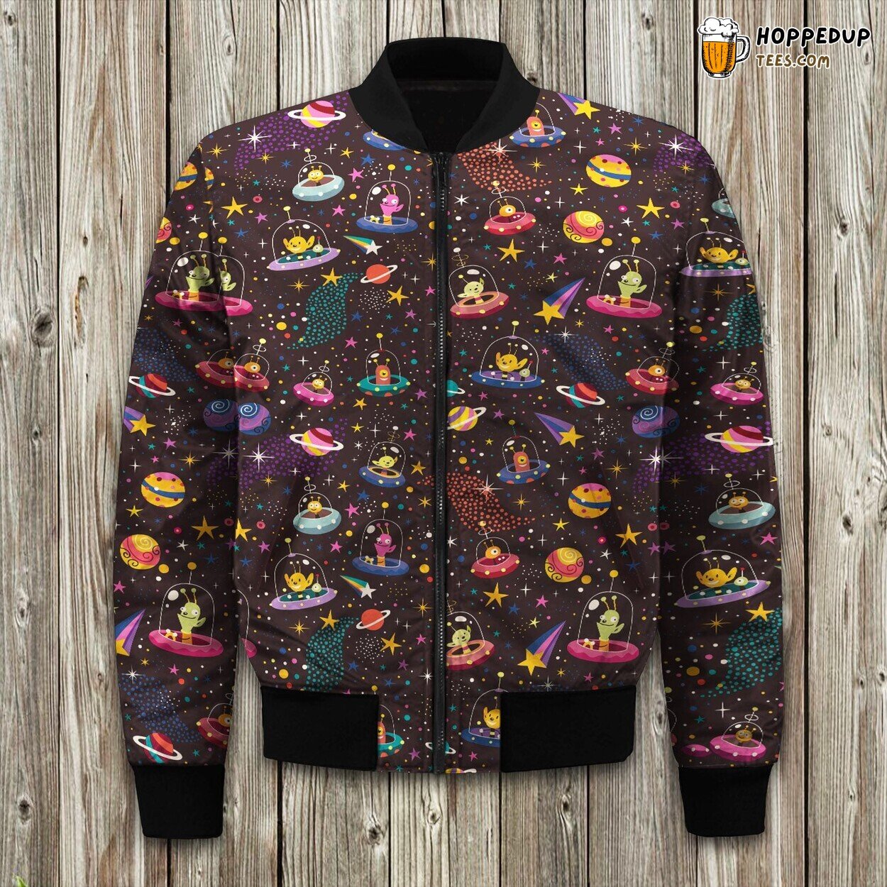 Cute Aliens Graphic Winter Bomber Jacket Outer Space Fun Design