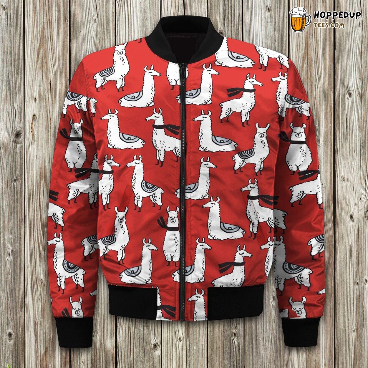 Cute Alpaca Red Design Winter Bomber Jacket Soft Furry Elegance