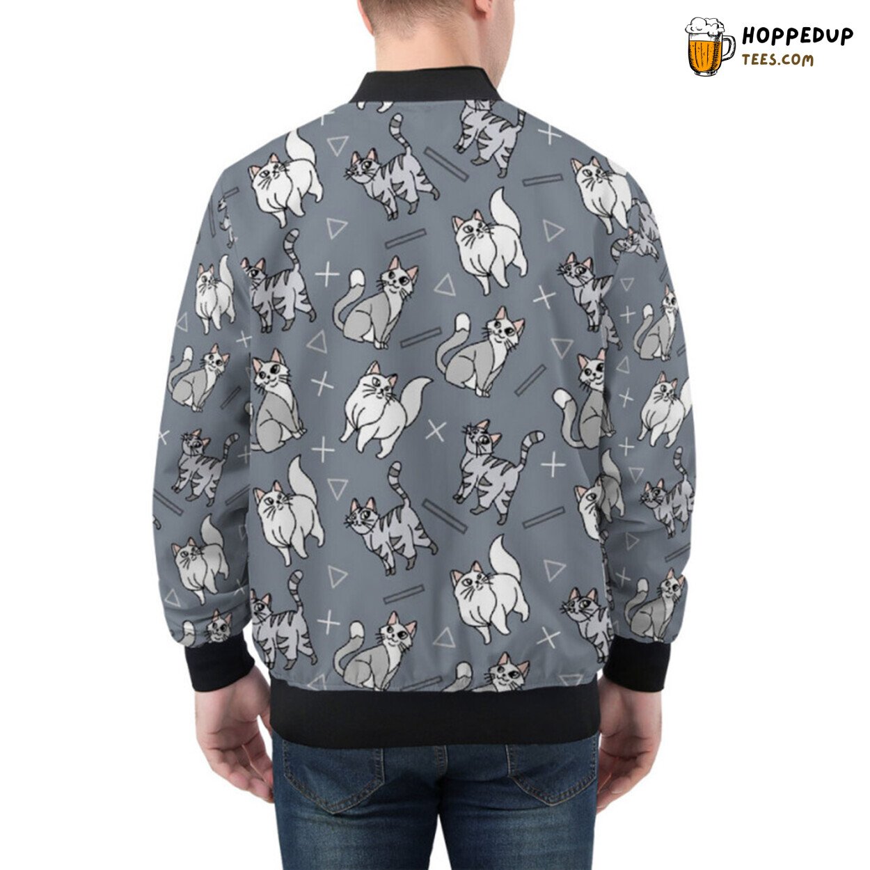 Cute Bomber Jacket Displaying Gray White Cat Patterns All Over