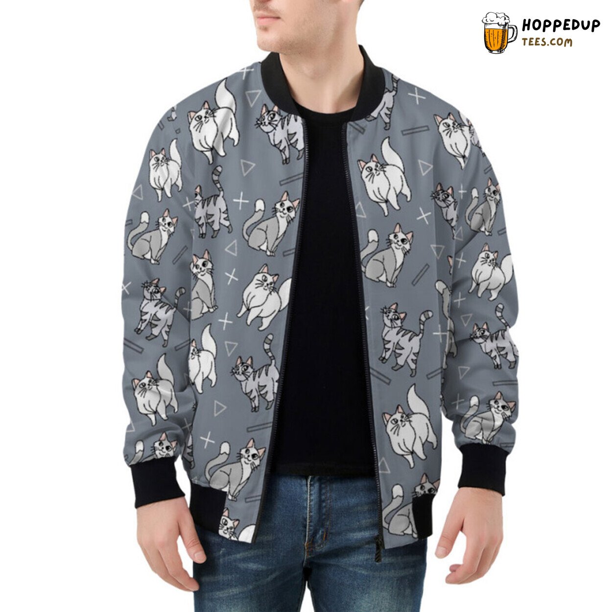 Cute Bomber Jacket Displaying Gray White Cat Patterns All Over