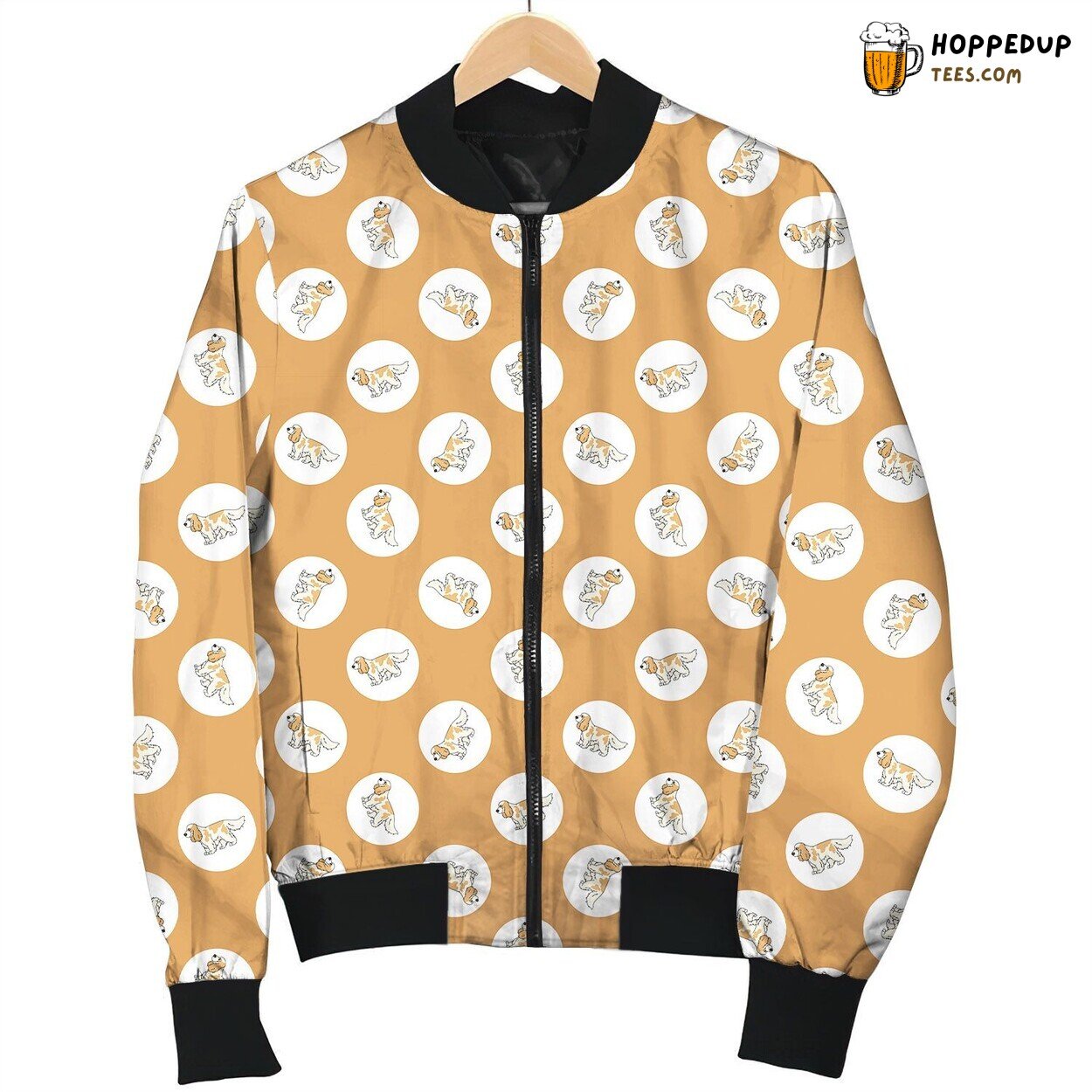 Cute Cocker Spaniel In Circle On Caramel Background Seamless Bomber Jacket