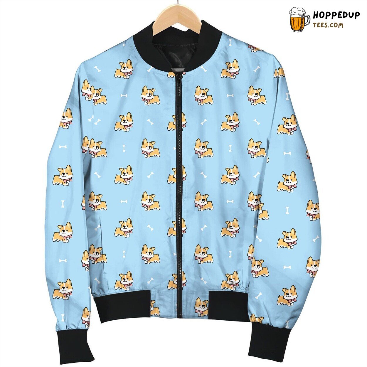 Cute Corgi Puppy Wearing Bow Smile On Blue Background And Bone For Dog Lover Seamless Bomber Jacket