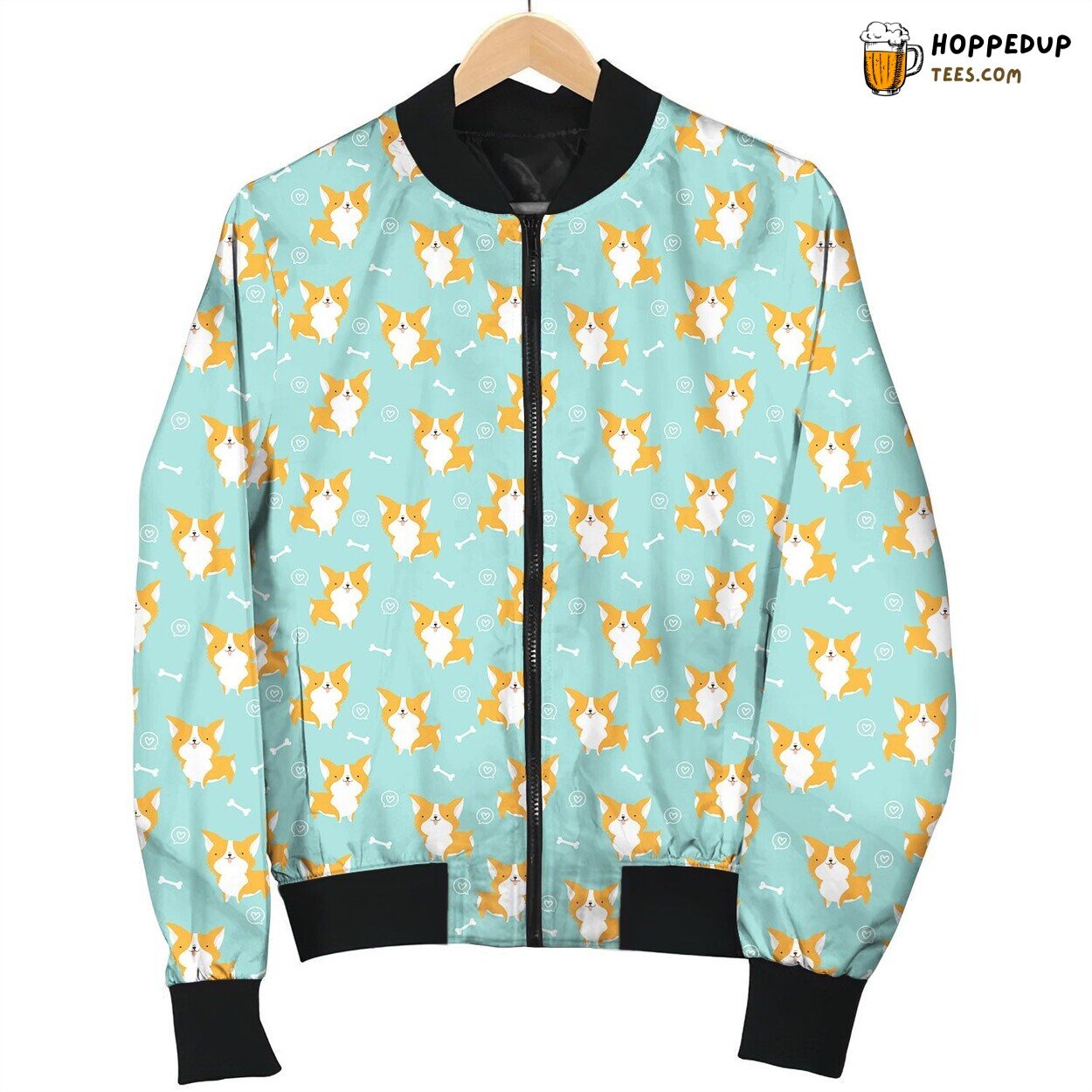 Cute Corgi Say Love On Mint Background And Bone Bomber Jacket