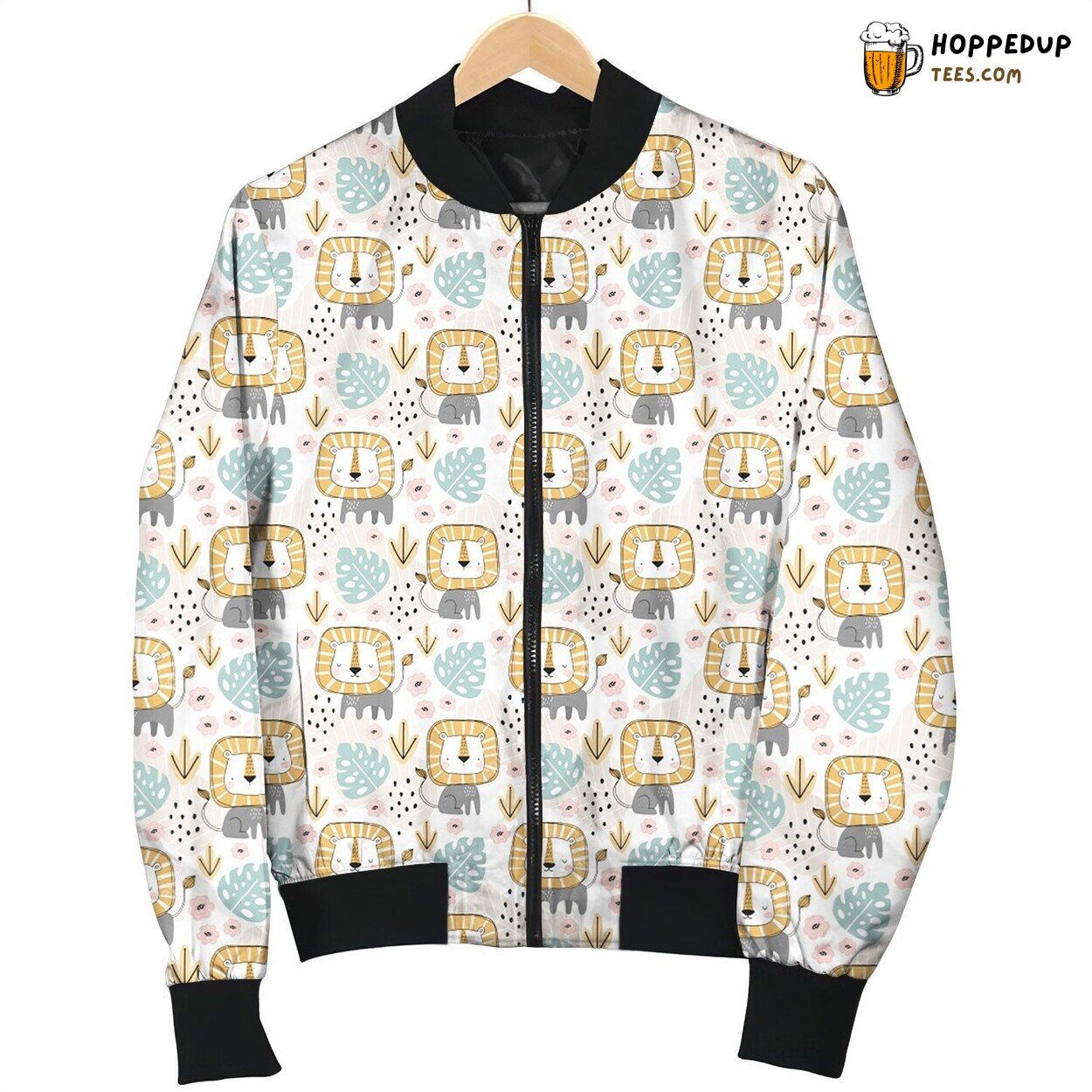 Cute Doodle Lion With Tropical Plant Bomber Jacket