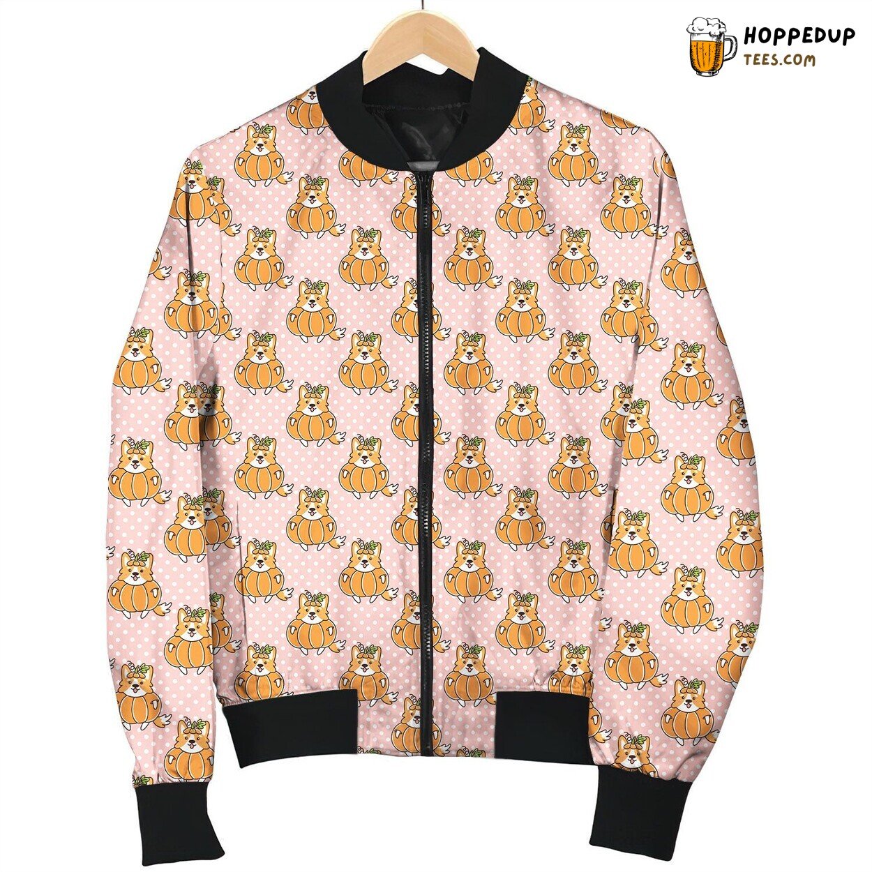 Cute Doodle Pumpkin Corgi On Polka Dot Pink Background Bomber Jacket