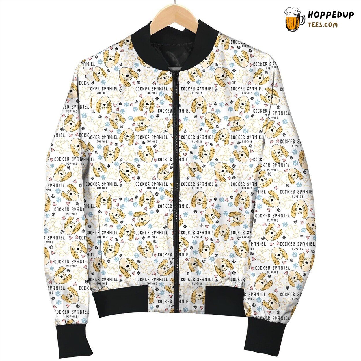 Cute Drawing Cocker Spaniel Puppy Face And Lovely Paw With Heart Bomber Jacket