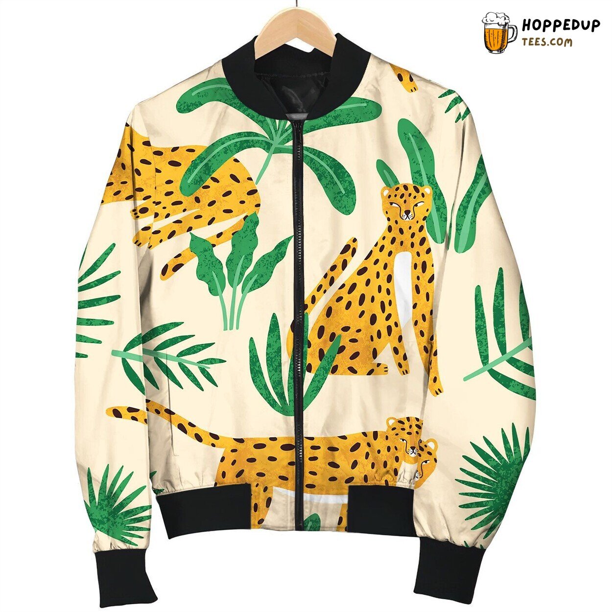 Cute Exotic Hand Drawn Leopard With Tropical Plant Bomber Jacket