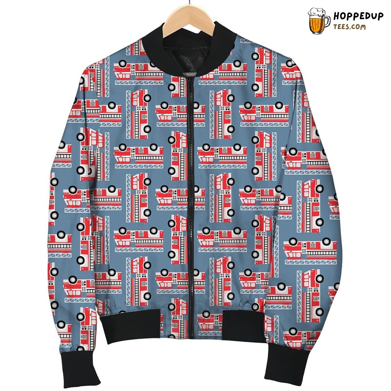 Cute Fire Truck Seamless Texture On Grey Background Bomber Jacket