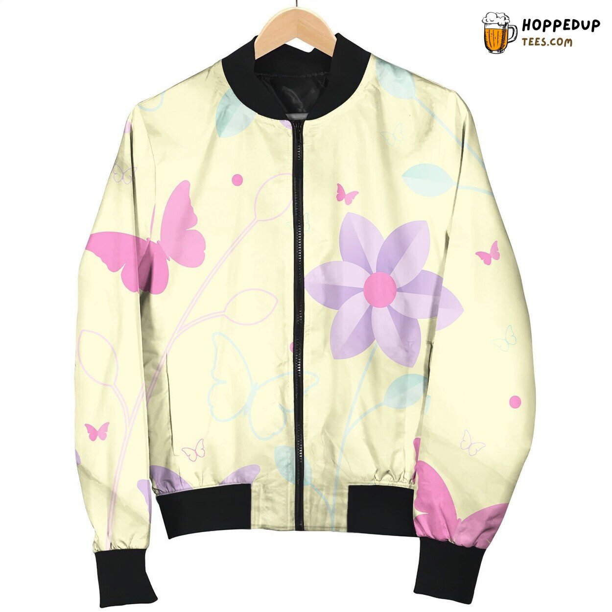 Cute Flowers Butterfly On Yellow Background Bomber Jacket