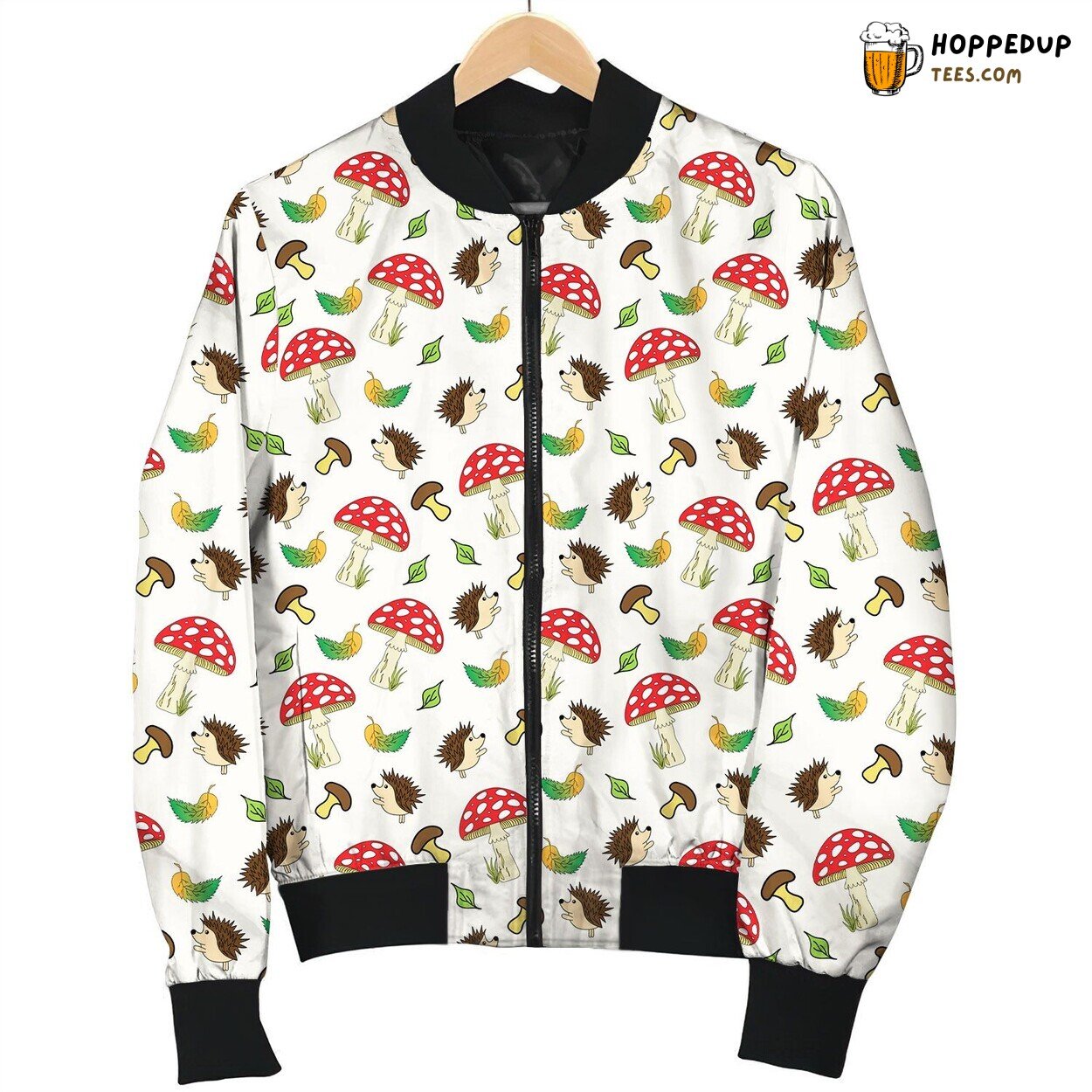 Cute Mushroom And Lovely Hedgehog On Autumn Bomber Jacket