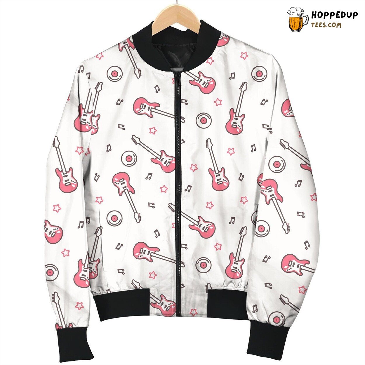 Cute Pink Electric Guitars With Note And Star Bomber Jacket