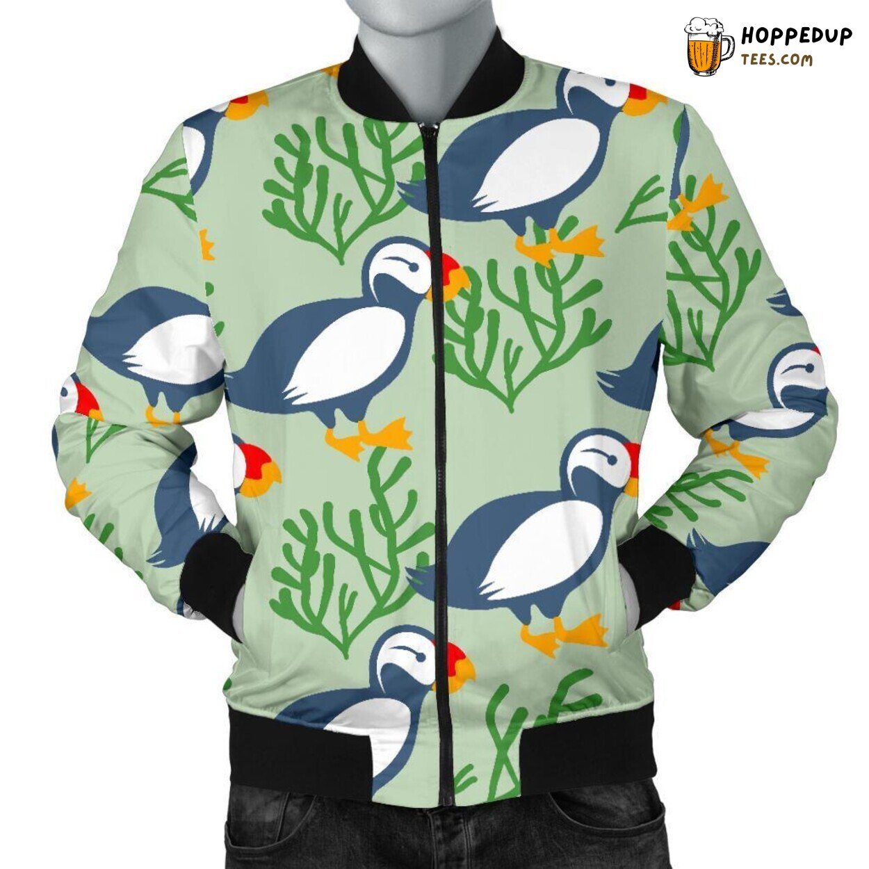 Cute Puffin Whimsical Men’s Bomber Jacket Bird Artistic Charm Design Display