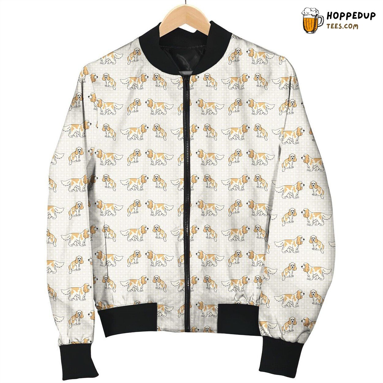 Cute White And Yellow Cocker Spaniel Sitting On Pastel Bone Background Pattern Bomber Jacket