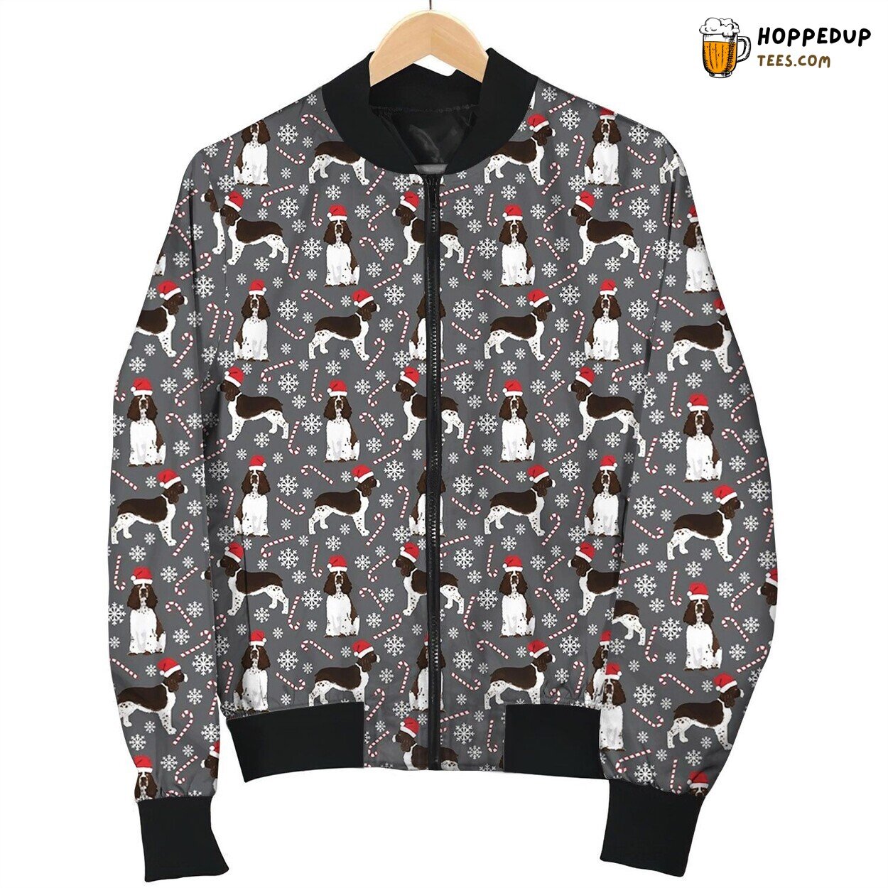 Cute Xmas English Springer Spaniel Dog Wearing Christmas Hat With Snow And Candy Cane In Grey Background Bomber Jacket