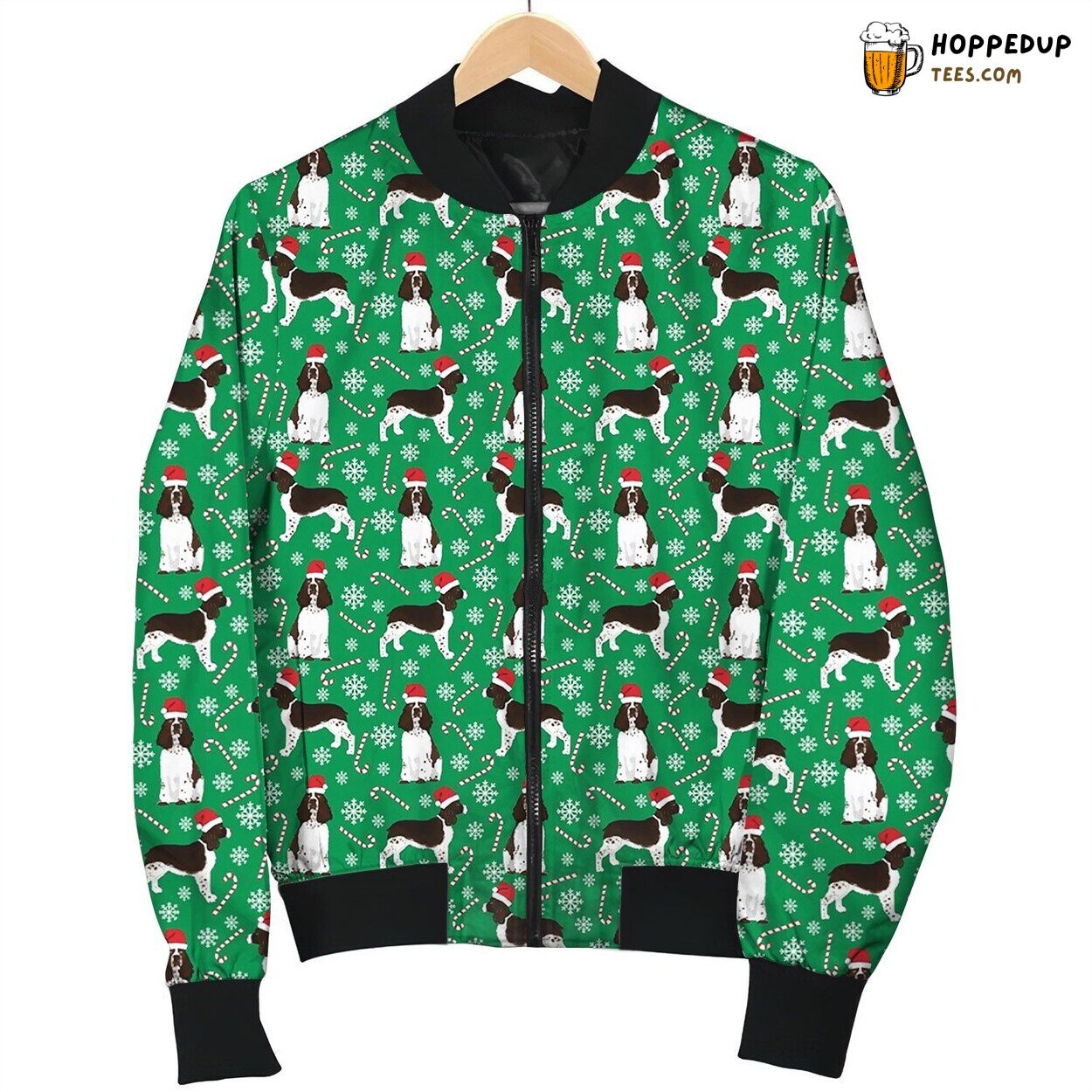 Cute Xmas English Springer Spaniel Dog Wearing Christmas Hat With Snow And Candy Cane In Peppermint Santa Background Bomber Jacket