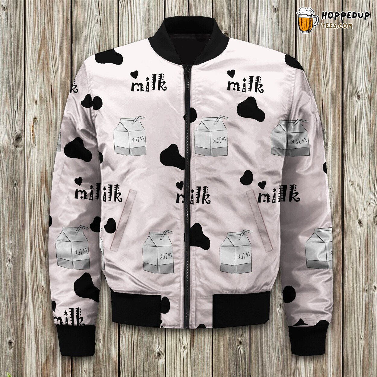 Dairy Charm Cow Milk Pattern Winter Bomber Jacket Farm Fresh Fashion Look