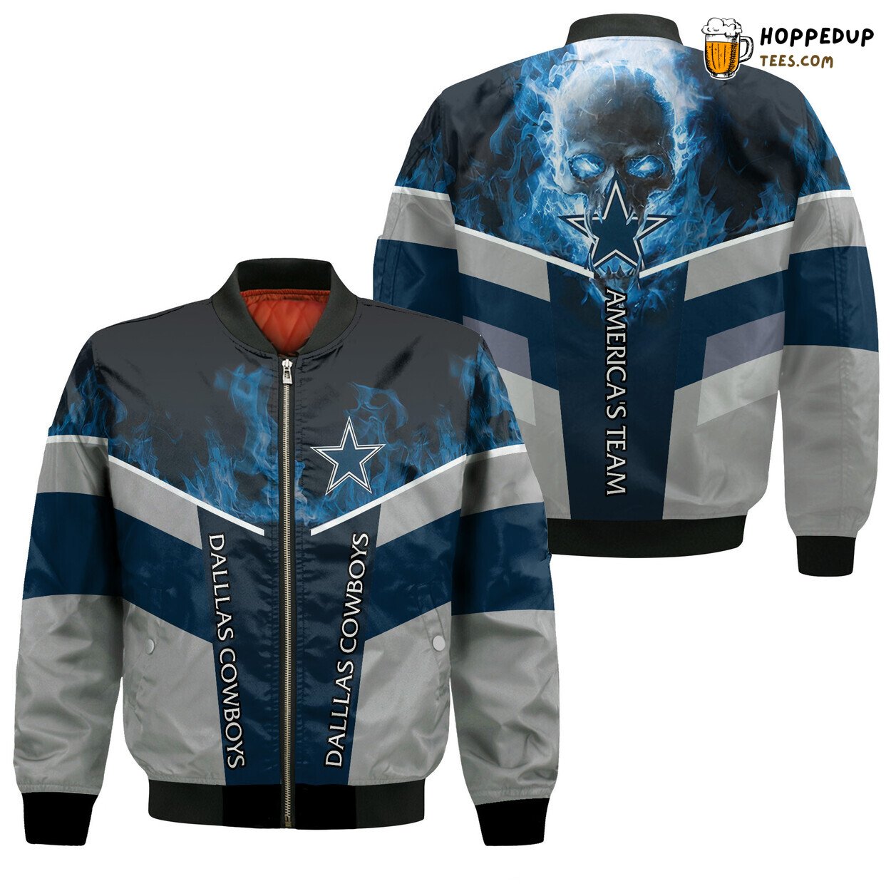 Dallas Cowboys NFL Skull Blue Fire Creative Bomber Jacket Trim
