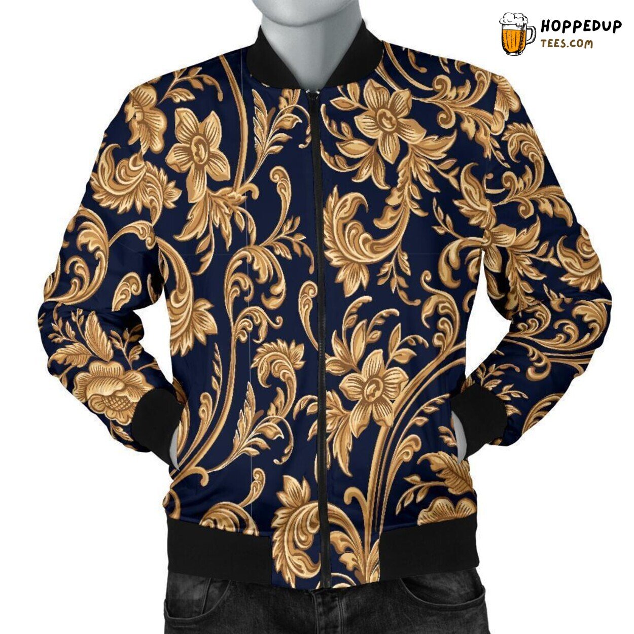 Damask Golden Elegance Bomber Jacket Men’s Classic Art Print Fashion Design