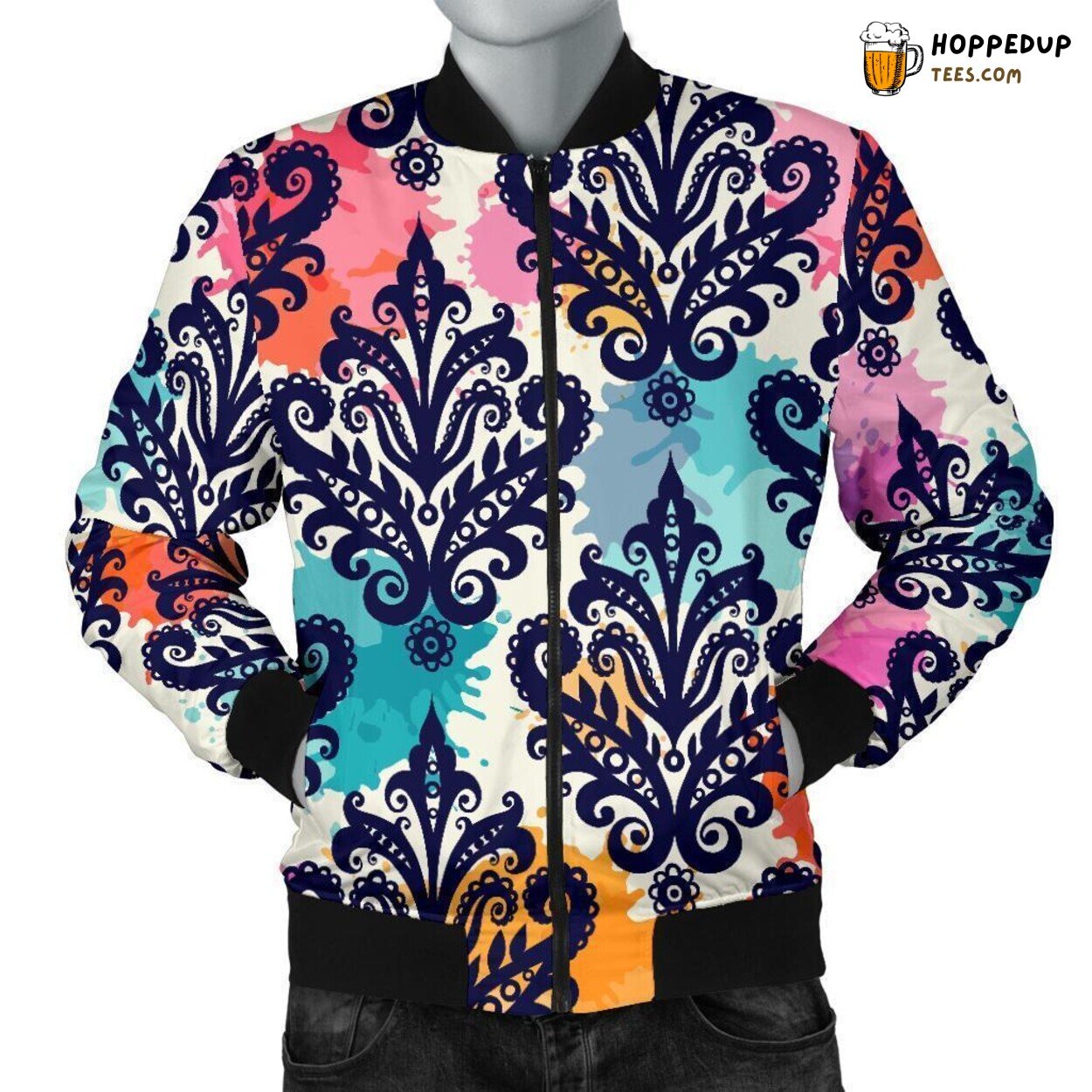 Damask’s Colorful Symphony Men’s Bomber Jacket Unique Pattern Design Art