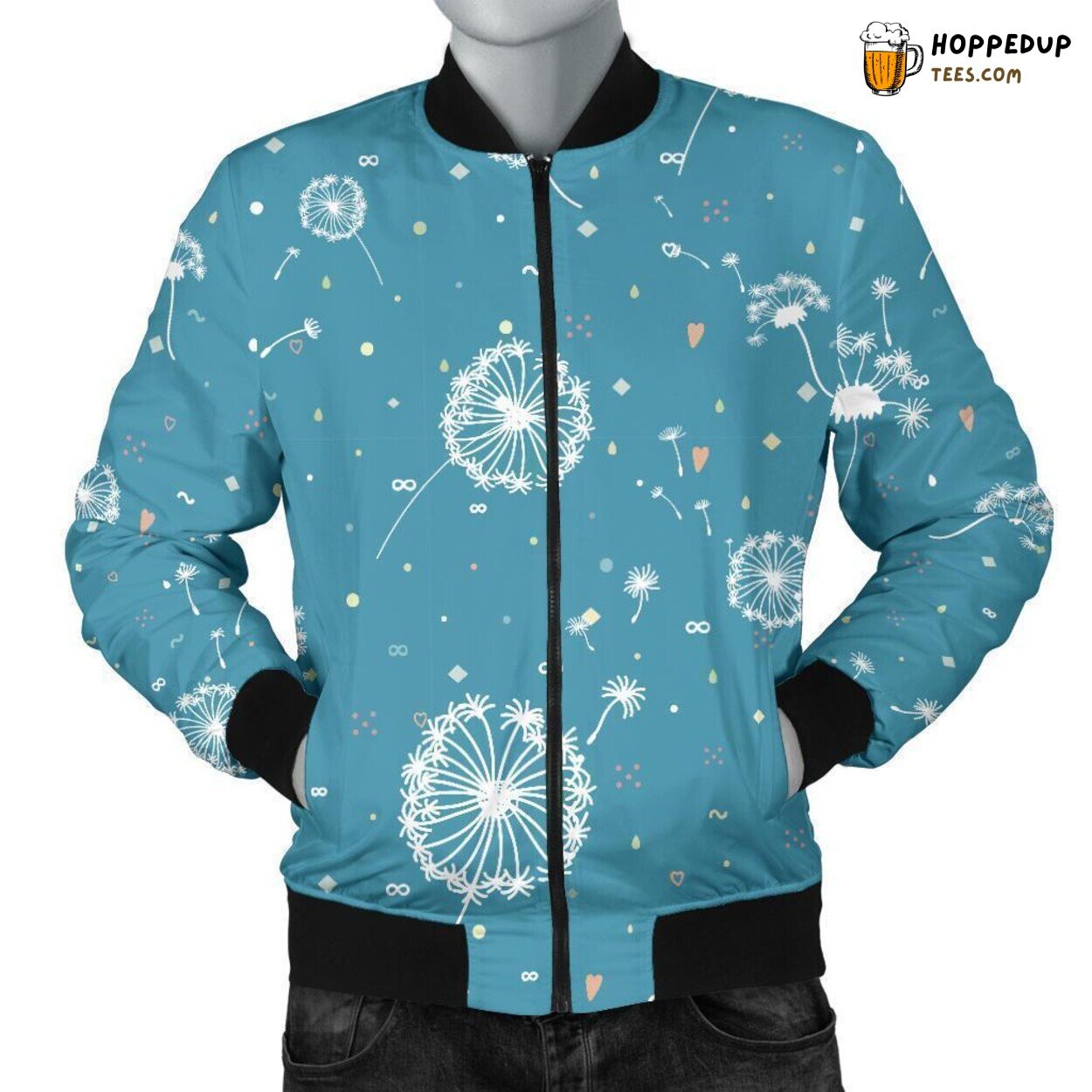 Dandelion Dream in Blue Men’s Bomber Jacket Unique Pattern Essence Display