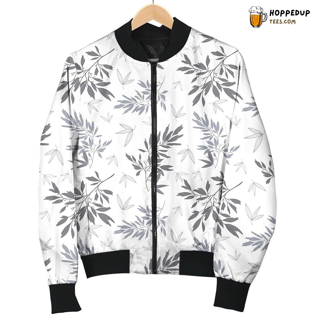 Dark Grey White Tropical Leaves Summer Bomber Jacket