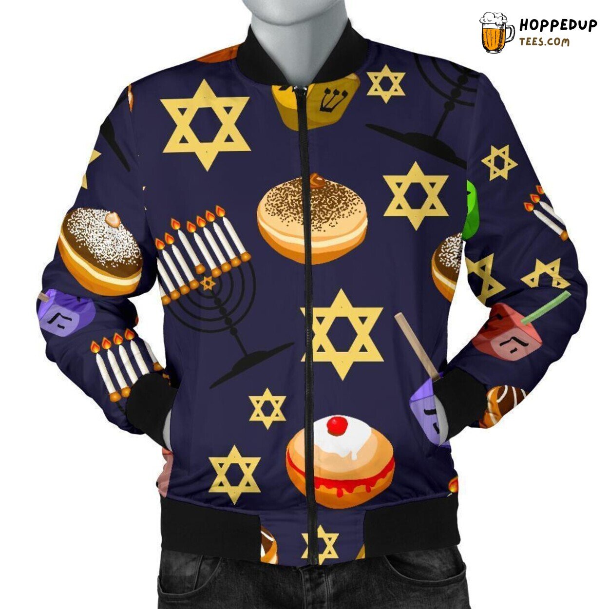 Dark Hanukkah Visions Men’s Bomber Jacket Unique Design Pattern Display