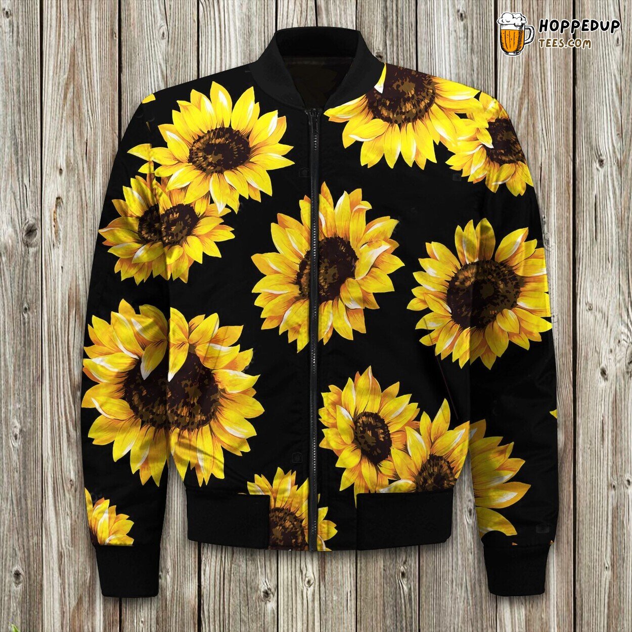 Dark Hue Black Sunflower Winter Bomber Jacket Floral Elegance Style Design