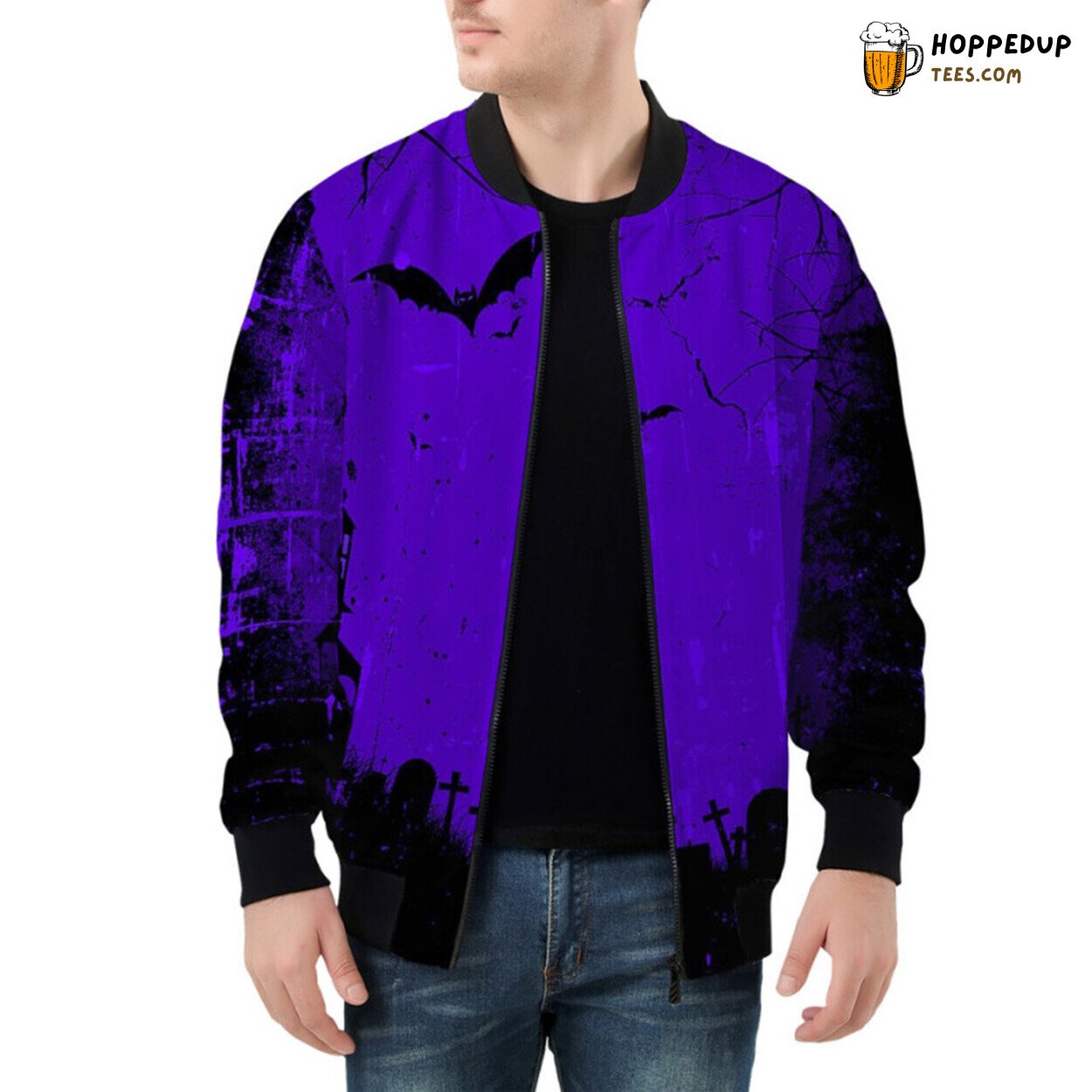 Dark Themed Bomber Jacket for Halloween with Grunge Effects