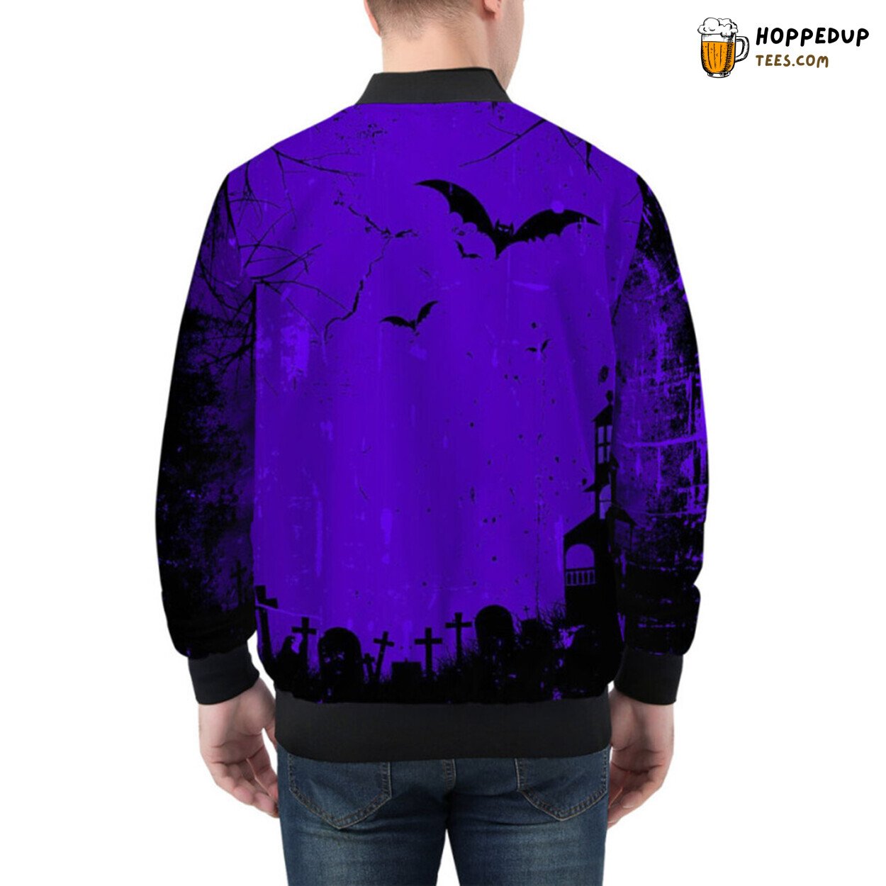 Dark Themed Bomber Jacket for Halloween with Grunge Effects