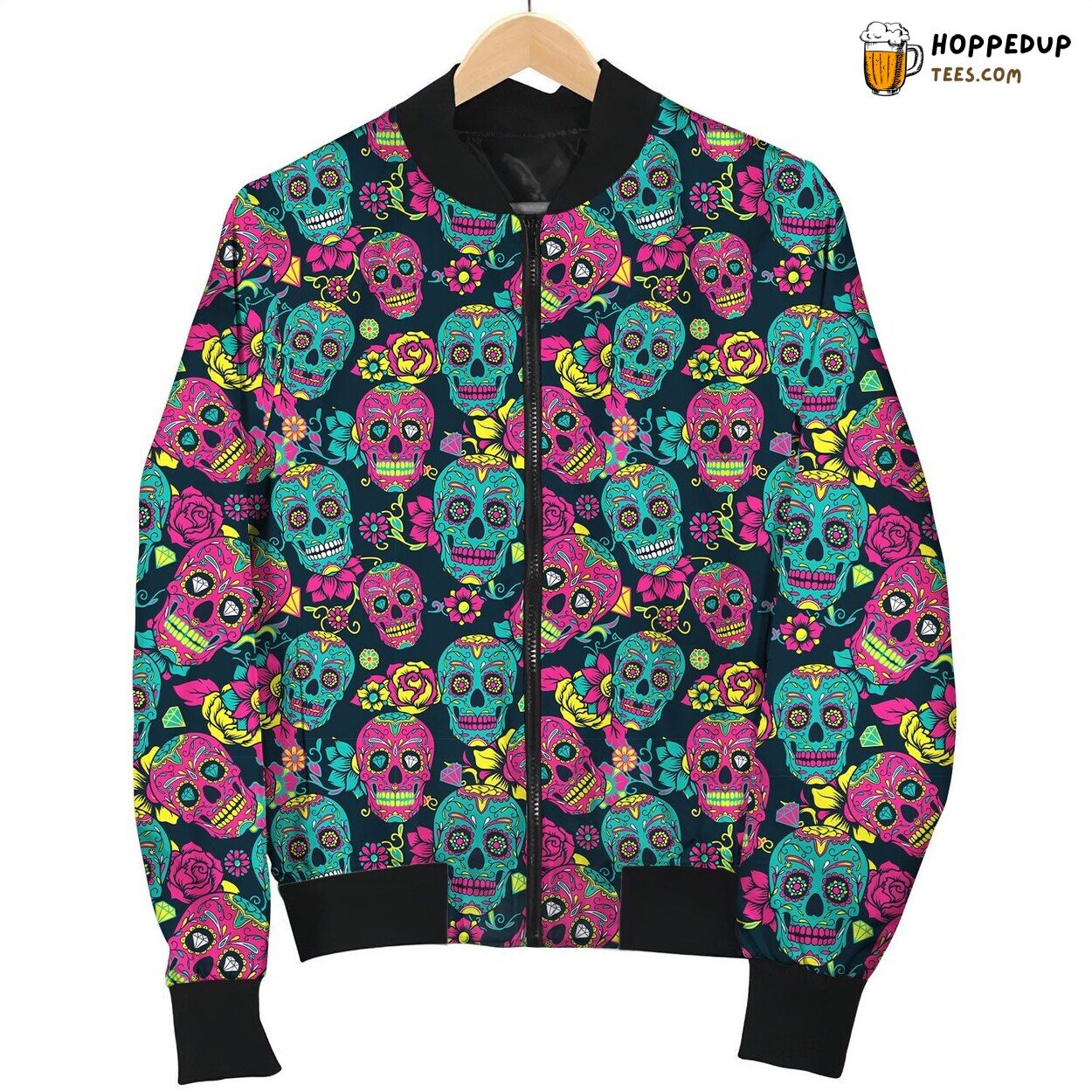 Day Of The Dead Pink And Blue Skull Bomber Jacket