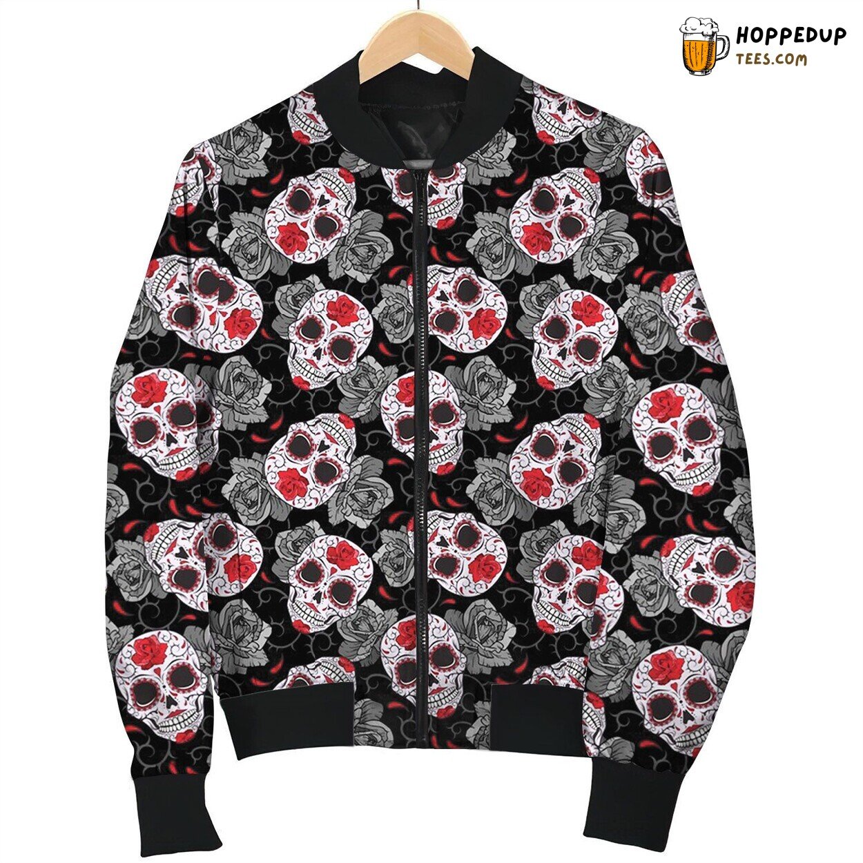 Day Of The Dead Skull And Black Rose Bomber Jacket