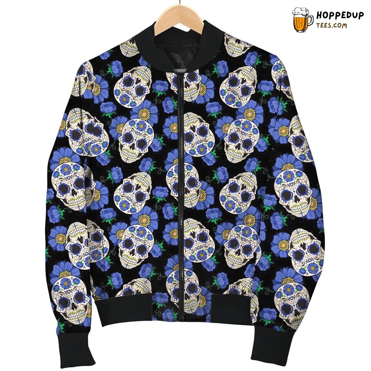 Day Of The Dead Skull And Blue Flower Bomber Jacket