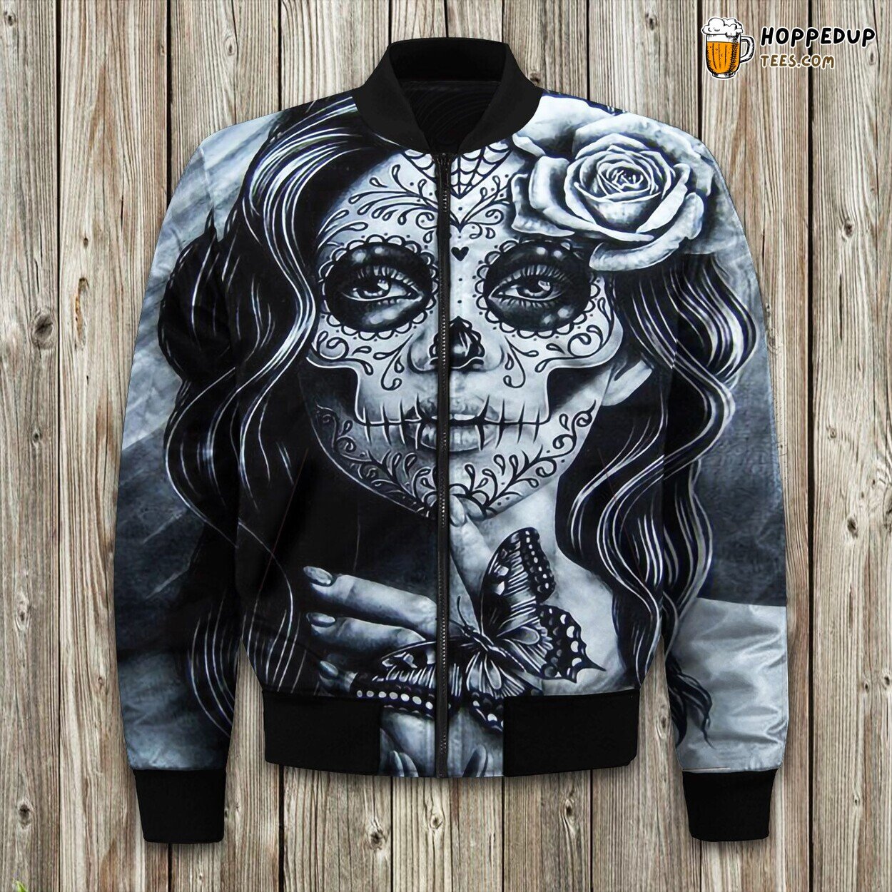 Day Of The Dead Sugar Skull Girl Black And White Bomber Jacket