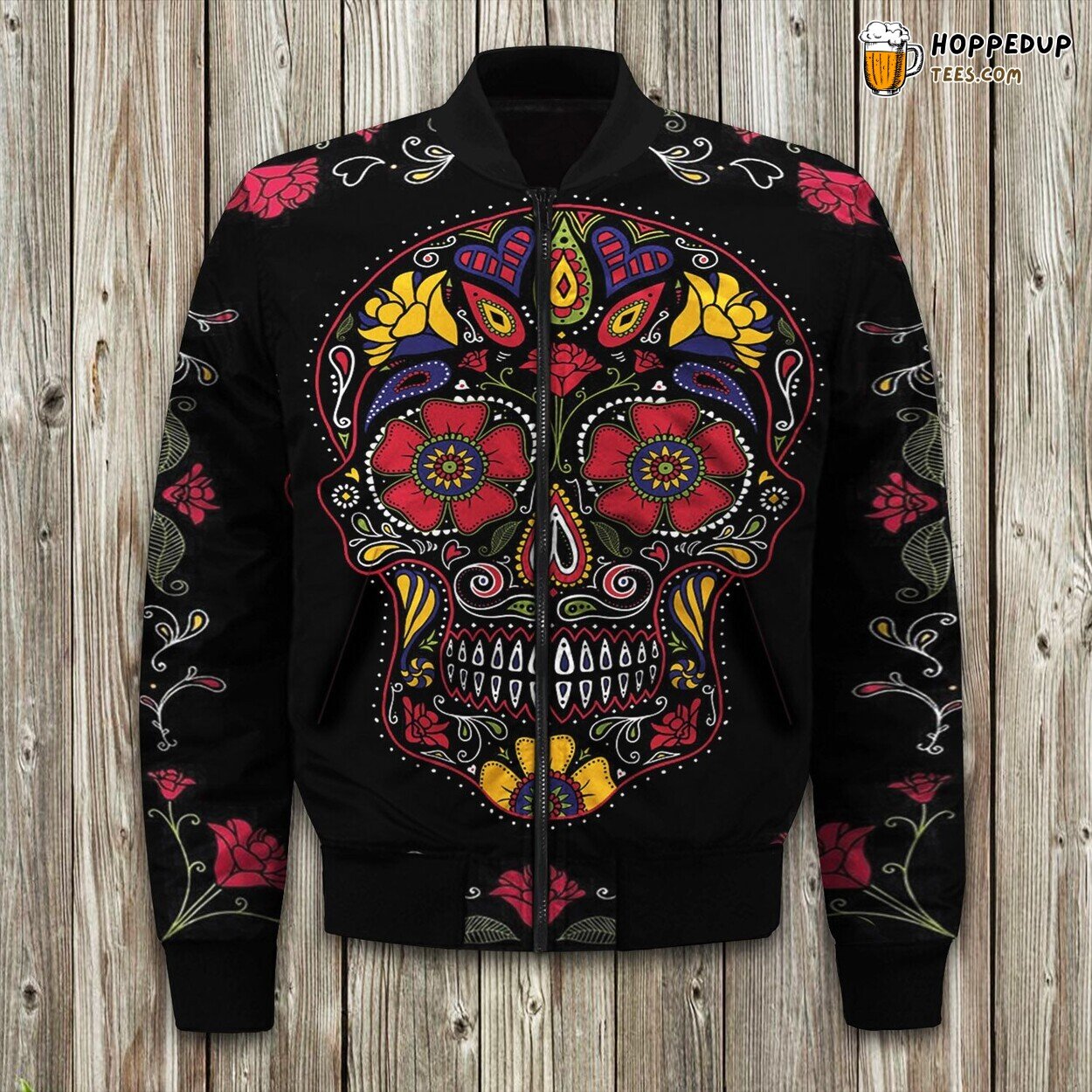 Day Of The Dead Warm Sugar Skull Bomber Jacket Winter Comfort Elegance Luxurious
