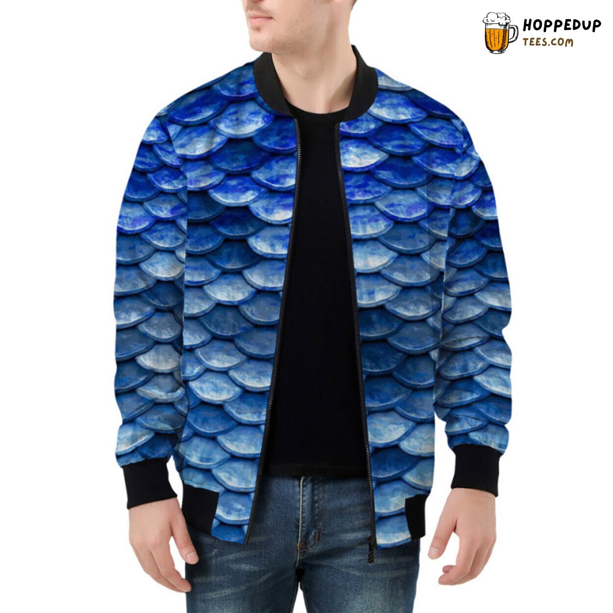 Deep Ocean Blue Fish Scales Creating Waves on Bomber Jacket