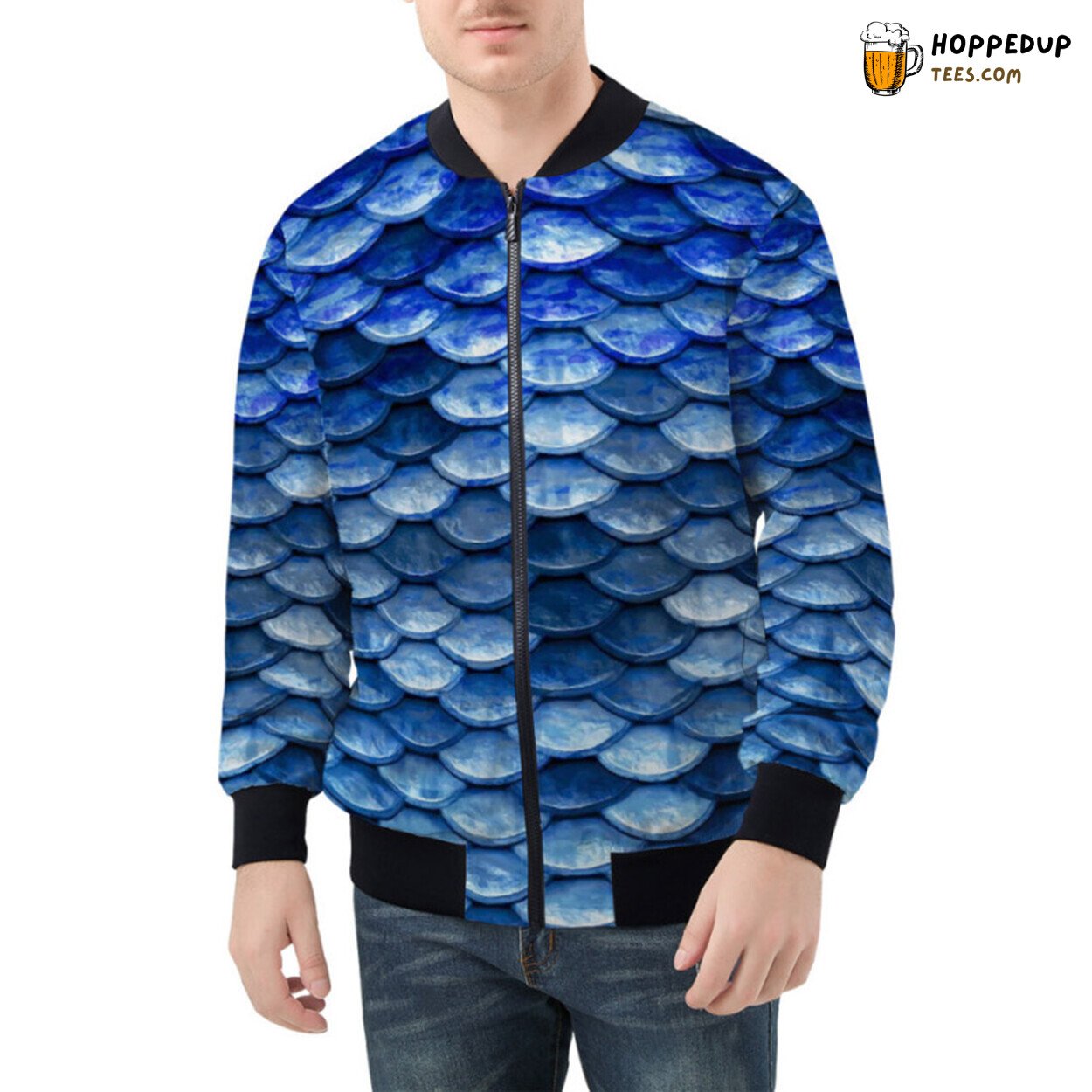 Deep Ocean Blue Fish Scales Creating Waves on Bomber Jacket