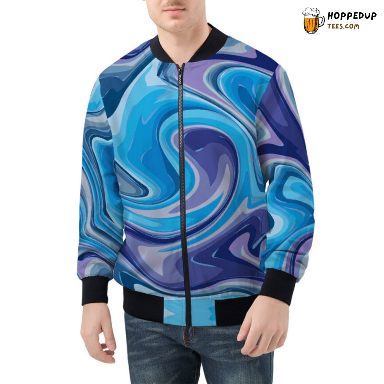 Deep Oceanic Hues of Exquisite Blue Marble Adorning Bomber Jacket