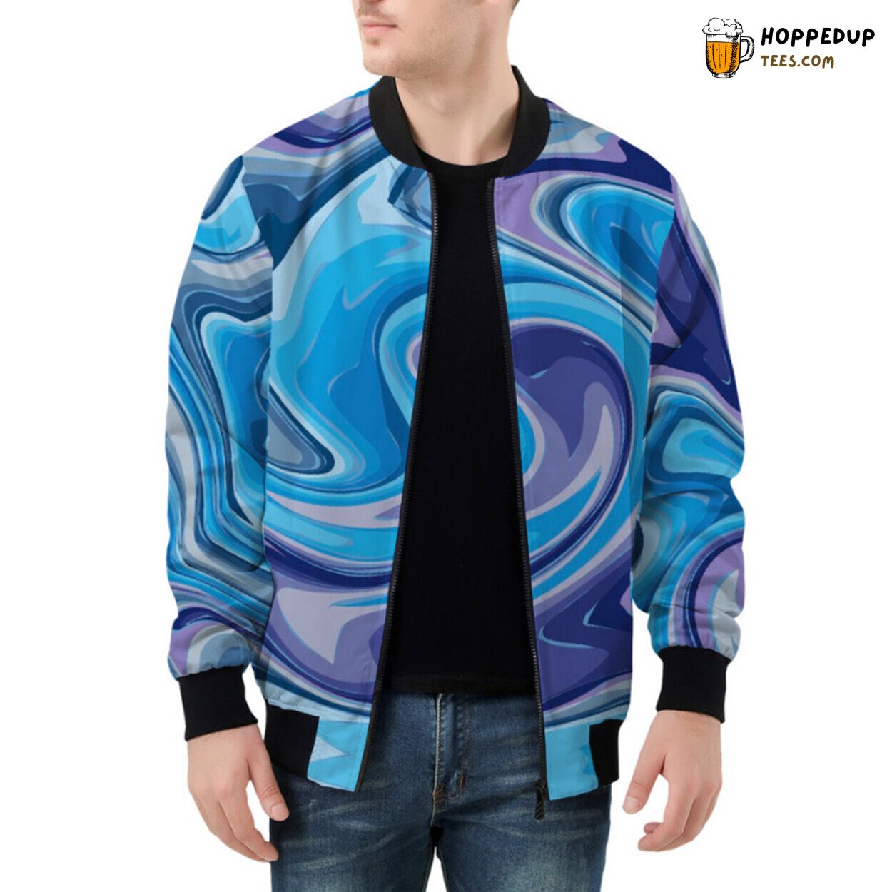 Deep Oceanic Hues of Exquisite Blue Marble Adorning Bomber Jacket