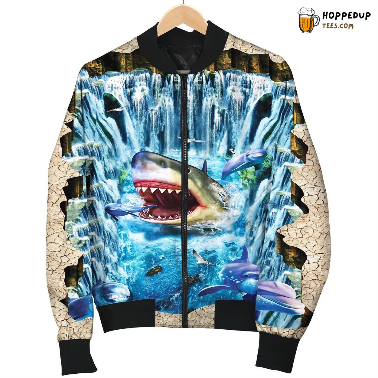 Deep Sea Shark Depiction Bomber Jackets Winter Marine Theme