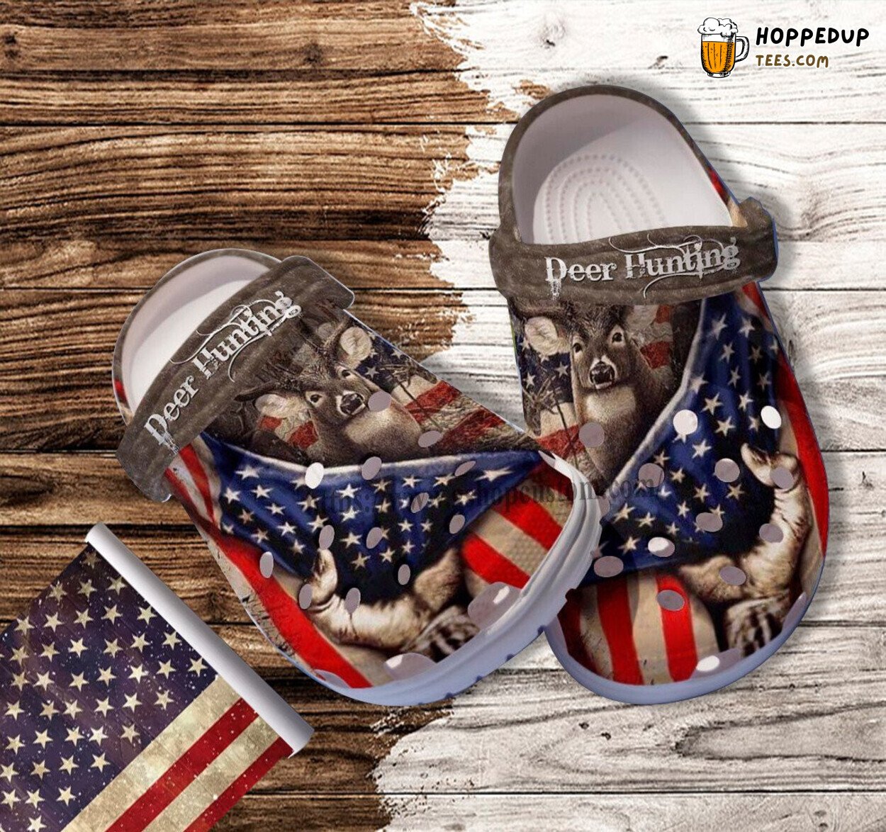 Deer Hunting Behind America Flag Croc Shoes Men Father Day Gift